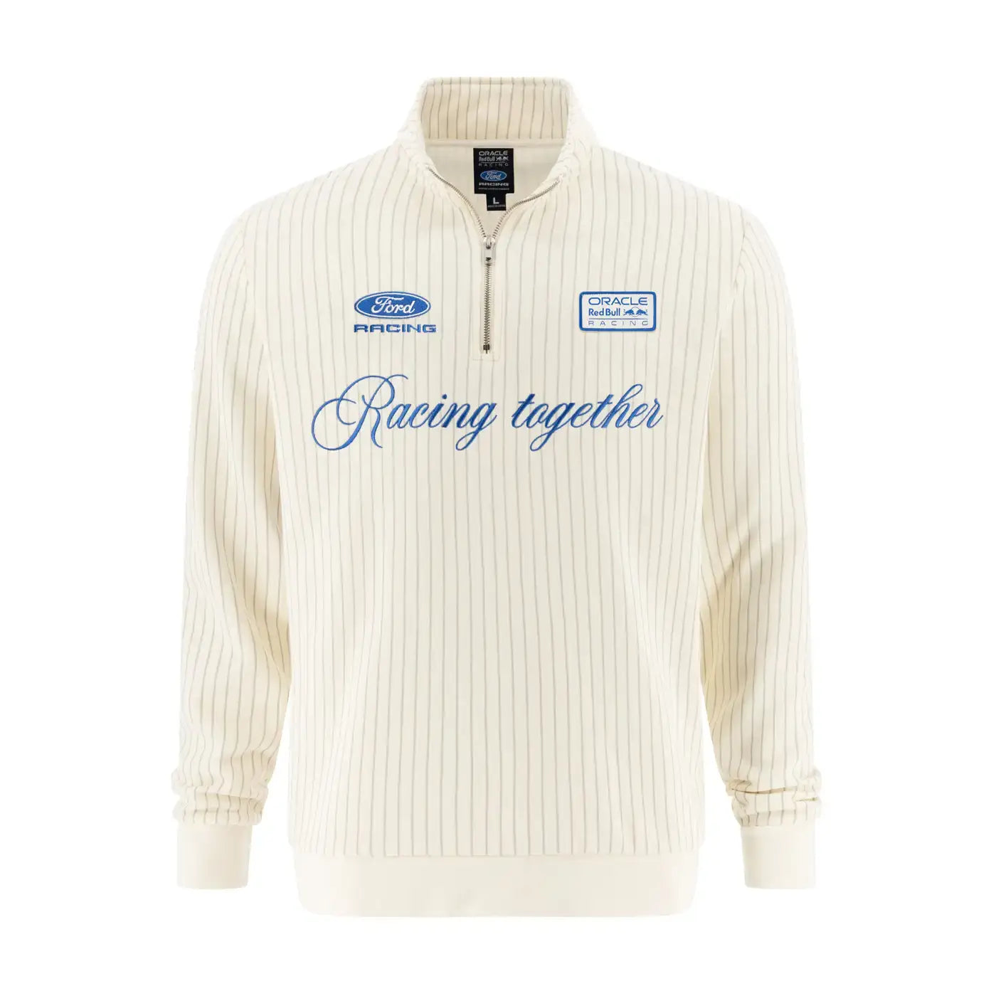 An off-white pinstriped quarter-zip pullover sweatshirt featuring blue Ford Racing and Camel Brand graphics on the chest, displayed on a clean white background.